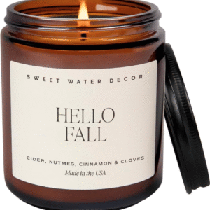 Sweet Water Decor Hello Fall Soy Candles - Fall Candle with Hot Cider, Cinnamon, Cloves, and Nutmeg Scent for Home - Soy Candle with 40 Hours Burn Time - 9Oz Black Lid Amber Jar Candles Fall Scents